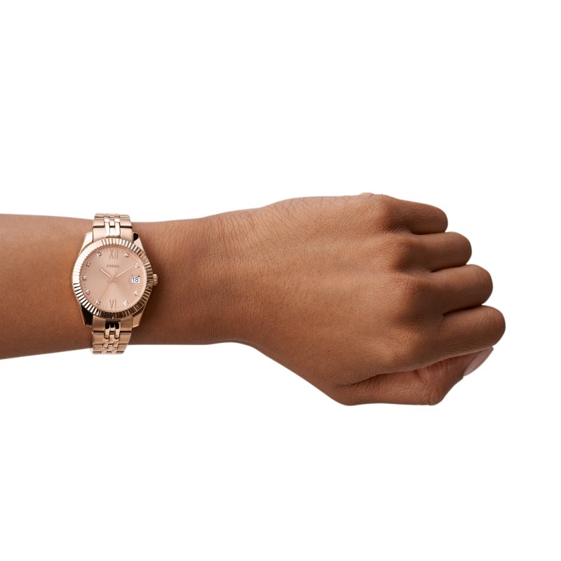 Montre Fossil Scarlette Mini à trois aiguilles avec date en acier inoxydable doré rose