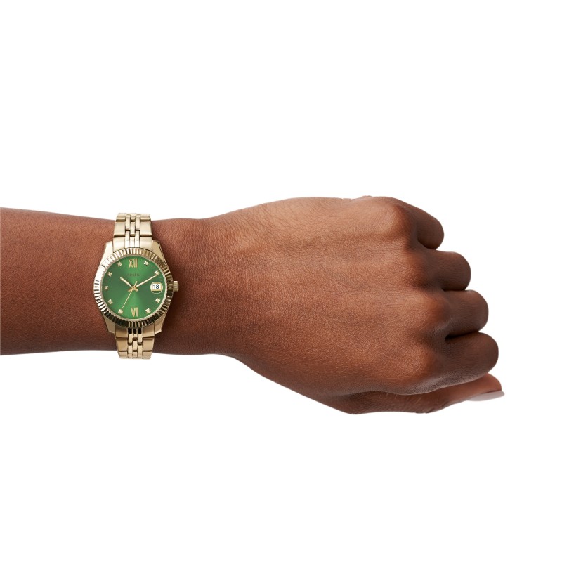Montre Fossil Scarlette Mini à trois aiguilles avec date en acier inoxydable doré rose cadran vert