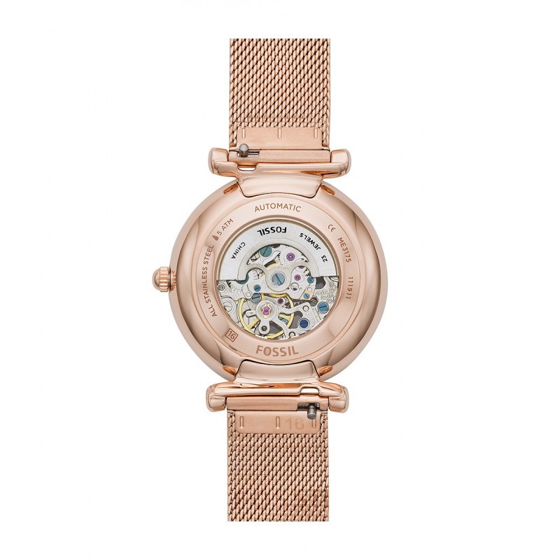 Montre Femme Fossil CARLIE Automatique en Maille Milanaise inoxydable Doré Rose