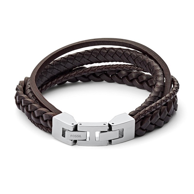 Bracelet Fossil multi rangées en cuir marron et fermoir en acier