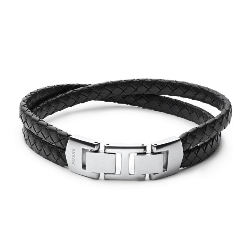 Bracelet Fossil double cuir noir tressé et fermoir en acier