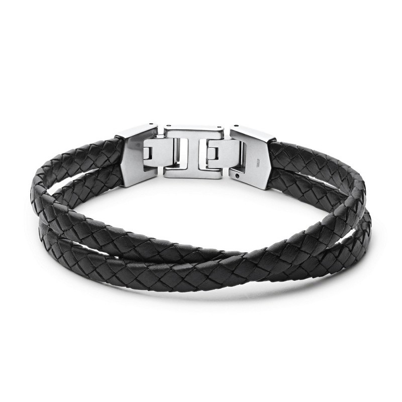 Bracelet Fossil double cuir noir tressé et fermoir en acier