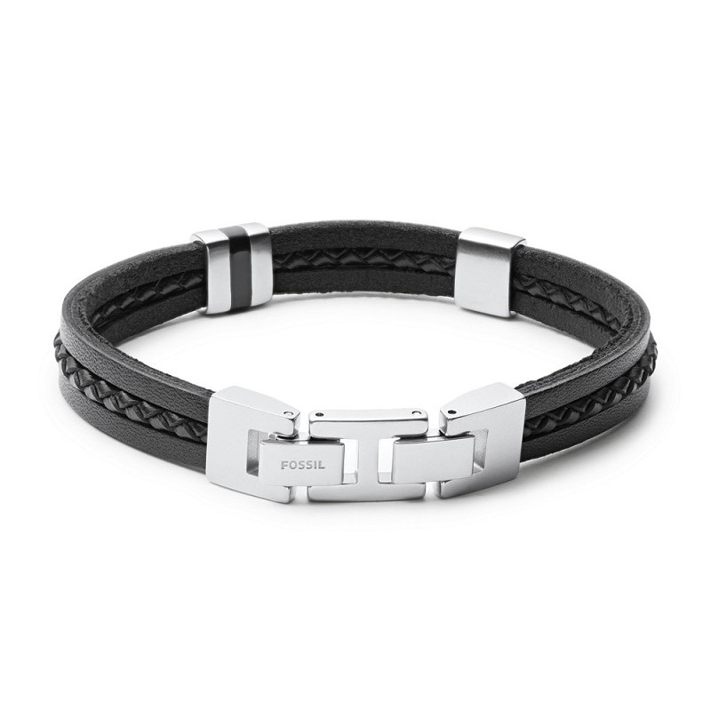 Bracelet Fossil multi rangées en cuir noir et fermoir en acier