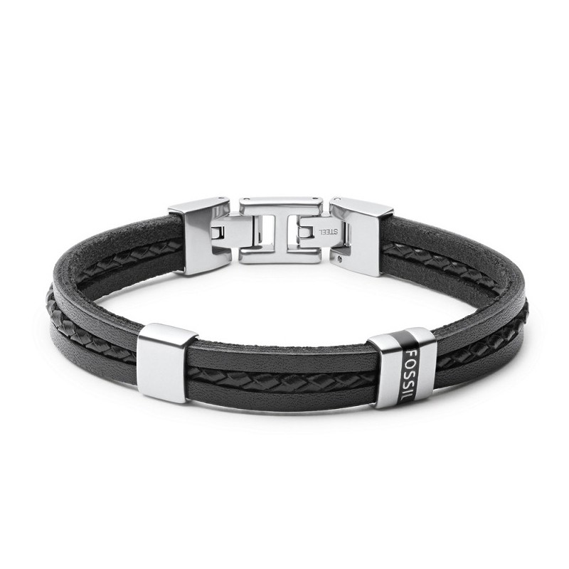 Bracelet Fossil multi rangées en cuir noir et fermoir en acier