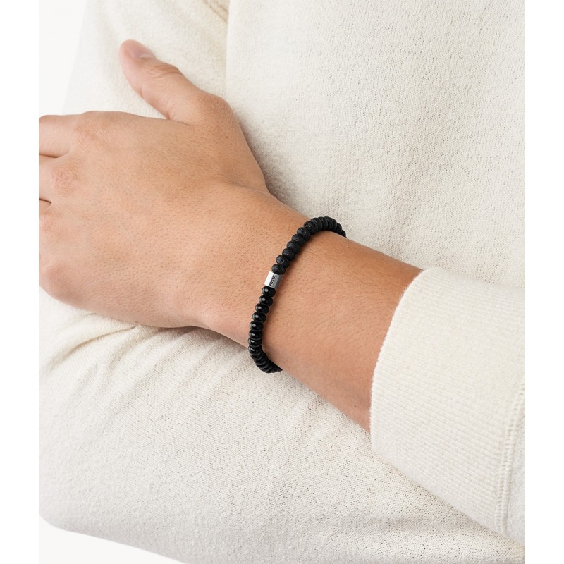 Bracelet homme Fossil perles d'onyx et pierres de lave