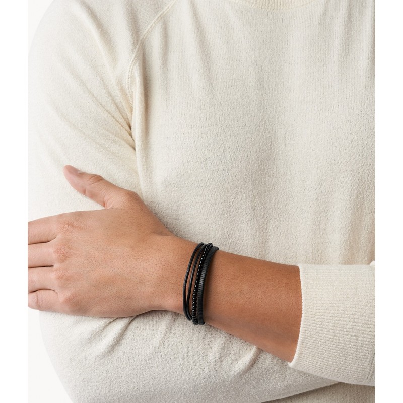 Bracelet Fossil multi rangees Vintage casual en cuir noir