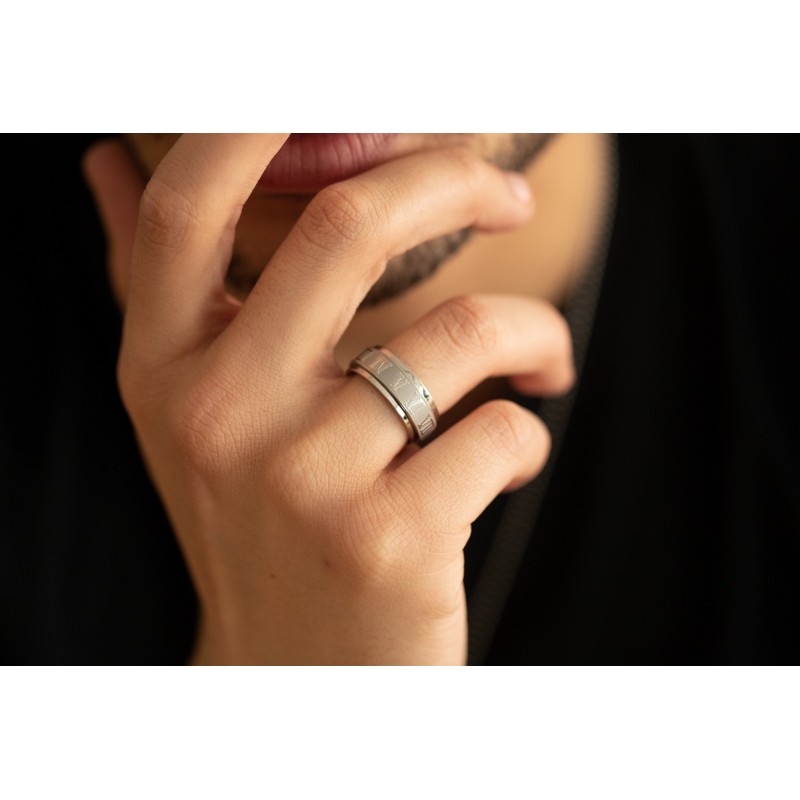 Bague Tournante Phebus Homme en Acier Argenté Chiffre Romain