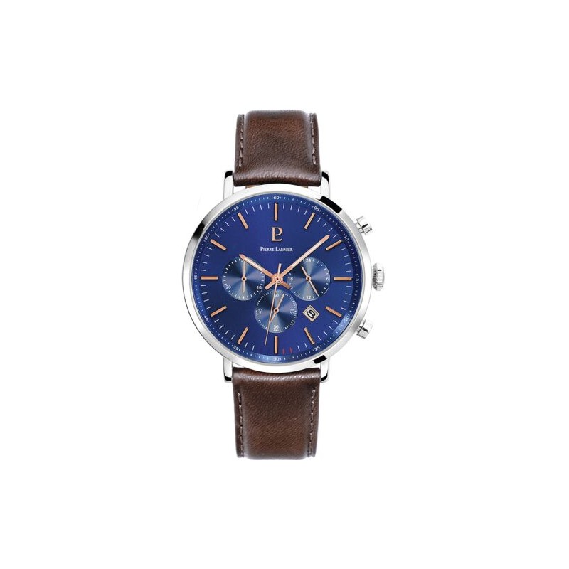 Montre Homme PIERRE LANNIER Collection BARON Bracelet en Cuir brun et Cadran Bleu