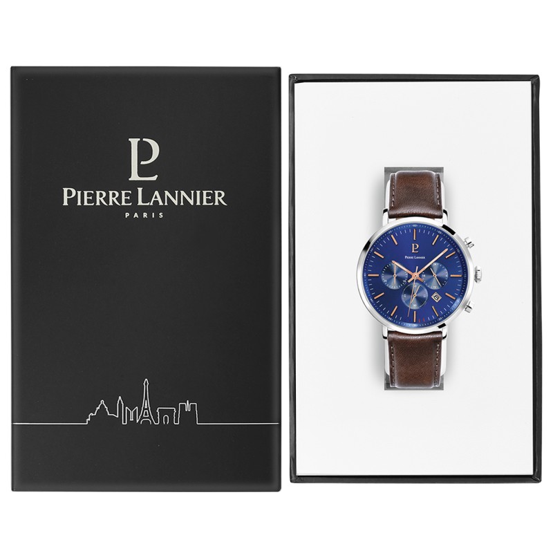 Montre Homme PIERRE LANNIER Collection BARON Bracelet en Cuir brun et Cadran Bleu