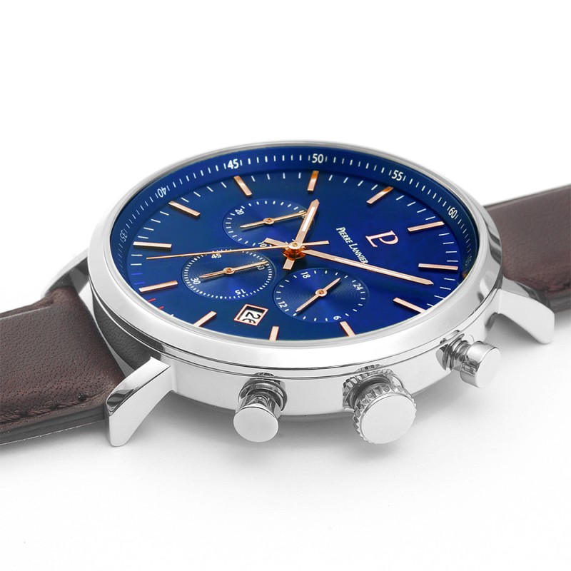Montre Homme PIERRE LANNIER Collection BARON Bracelet en Cuir brun et Cadran Bleu