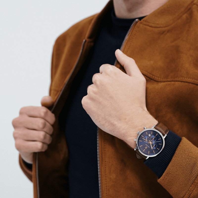 Montre Homme PIERRE LANNIER Collection BARON Bracelet en Cuir brun et Cadran Bleu