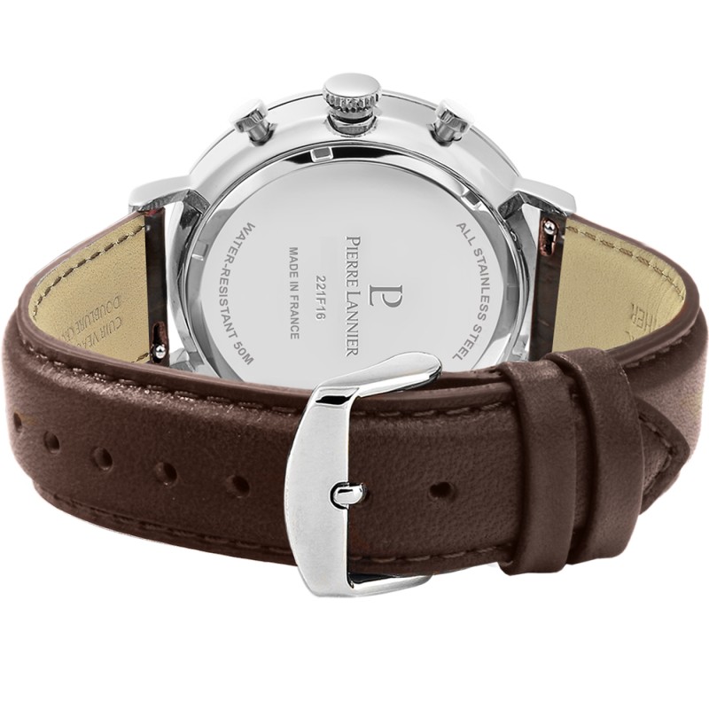Montre Homme PIERRE LANNIER Collection BARON Bracelet en Cuir brun et Cadran Bleu