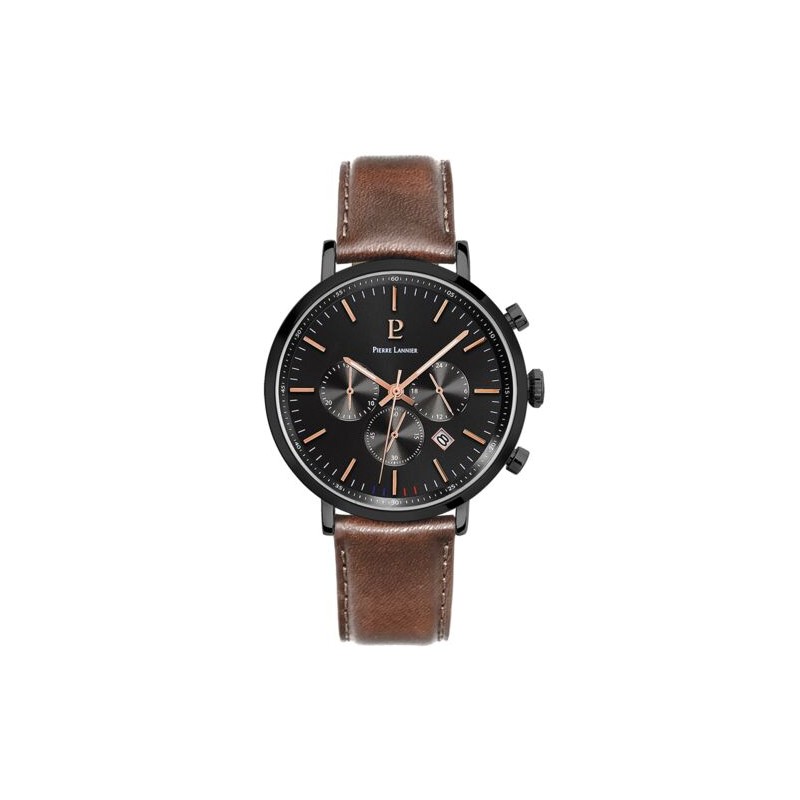 Montre Homme PIERRE LANNIER Collection BARON Bracelet en Cuir Brun et Cadran Noir