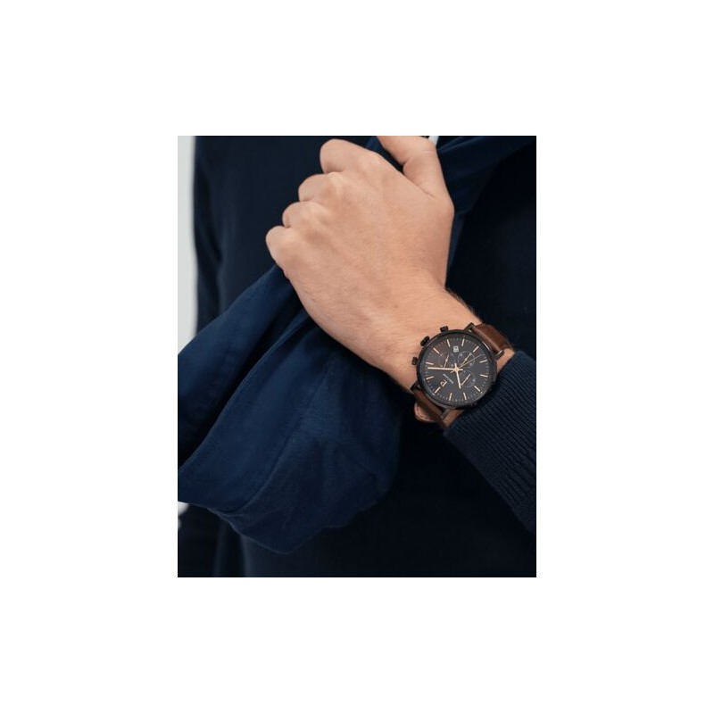 Montre Homme PIERRE LANNIER Collection BARON Bracelet en Cuir Brun et Cadran Noir