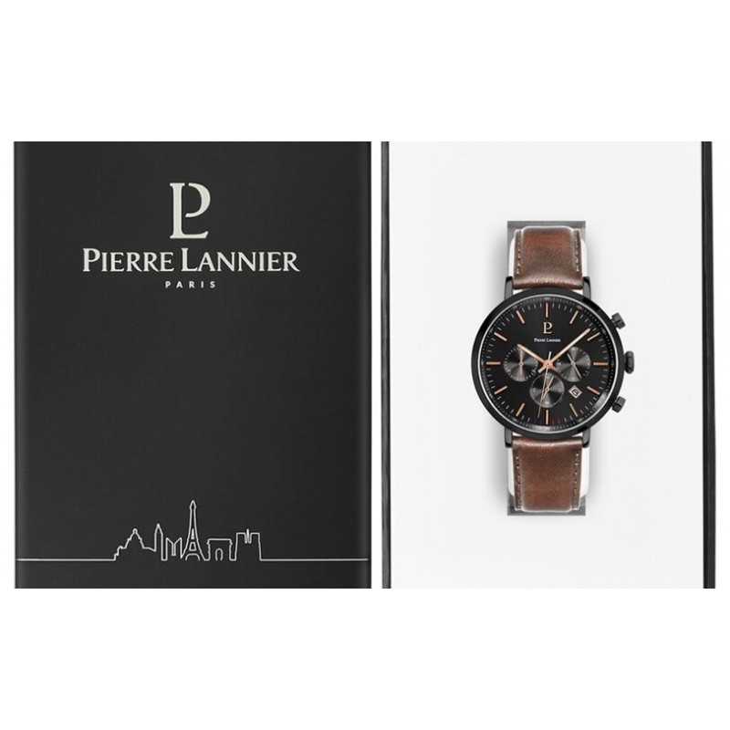 Montre Homme PIERRE LANNIER Collection BARON Bracelet en Cuir Brun et Cadran Noir