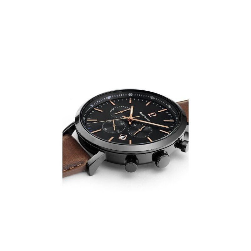 Montre Homme PIERRE LANNIER Collection BARON Bracelet en Cuir Brun et Cadran Noir