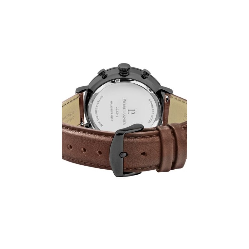 Montre Homme PIERRE LANNIER Collection BARON Bracelet en Cuir Brun et Cadran Noir