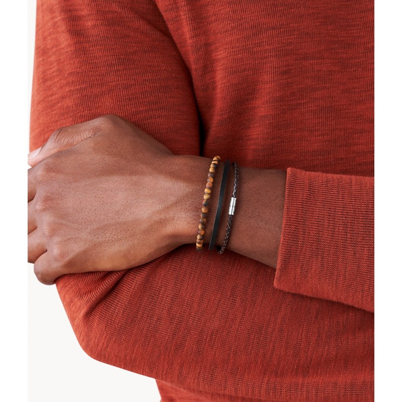 Bracelet mulit rangs Fossil homme Warm tones en pierre d'oeil du tigre