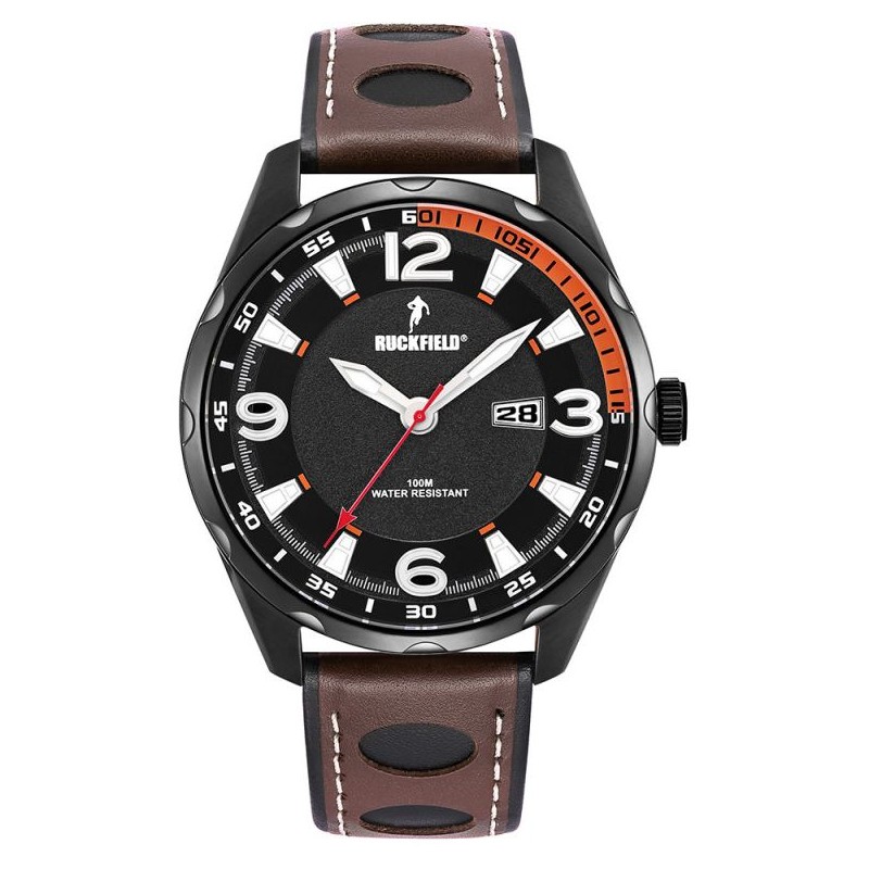 Montre Homme Ruckfield acier noir et cuir MARRON