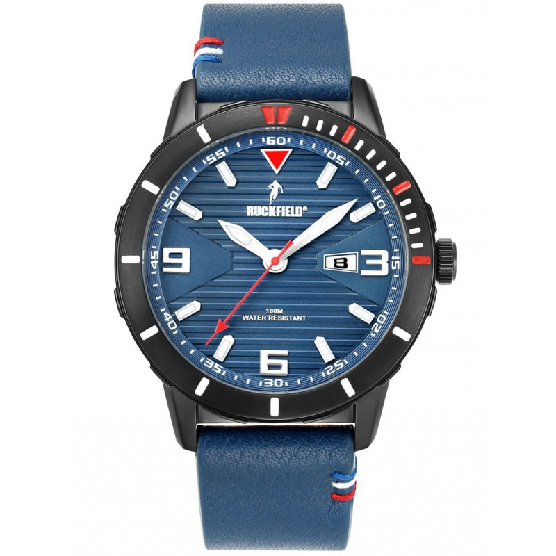 Montre Homme Ruckfield acier noir et cuir bleu