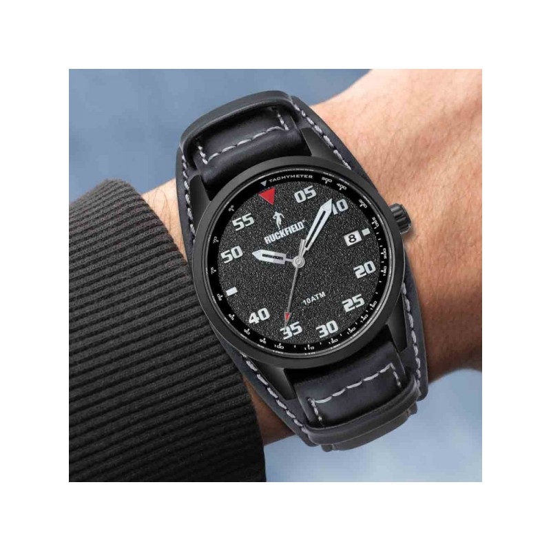 Montre Homme Ruckfield acier et cuir noirs