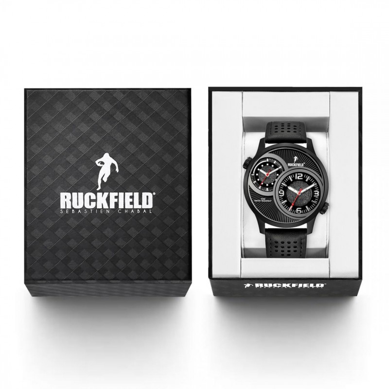 Montre Homme Ruckfield acier et cuir noirs double fuseau horaire