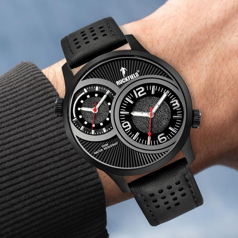 Montre Homme Ruckfield acier et cuir noirs double fuseau horaire