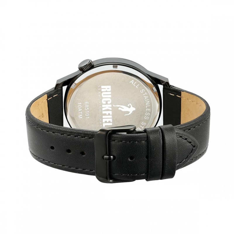 Montre Homme Ruckfield acier et cuir noirs double fuseau horaire