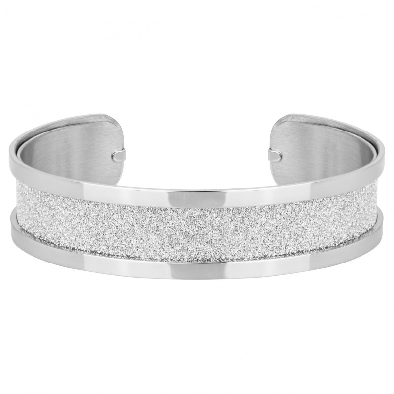 Bracelet Manchette Amporelle  en Acier argenté et  glitter blanc
