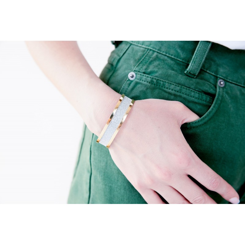 Bracelet manchette Amporelle  en Acier doré et  glitter blanc
