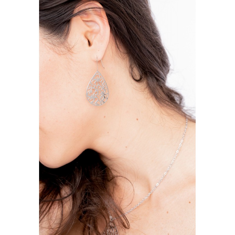 Boucles d'oreilles pendantes forme goutte Amporelle motif fleur en acier argenté