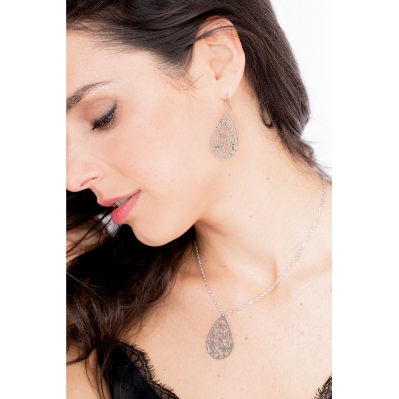 Boucles d'oreilles pendantes forme goutte Amporelle motif fleur en acier argenté