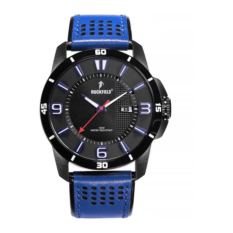 Montre Homme Ruckfield acier noir et cuir bleu