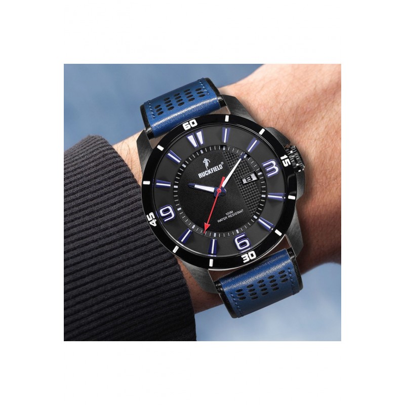 Montre Homme Ruckfield acier noir et cuir bleu