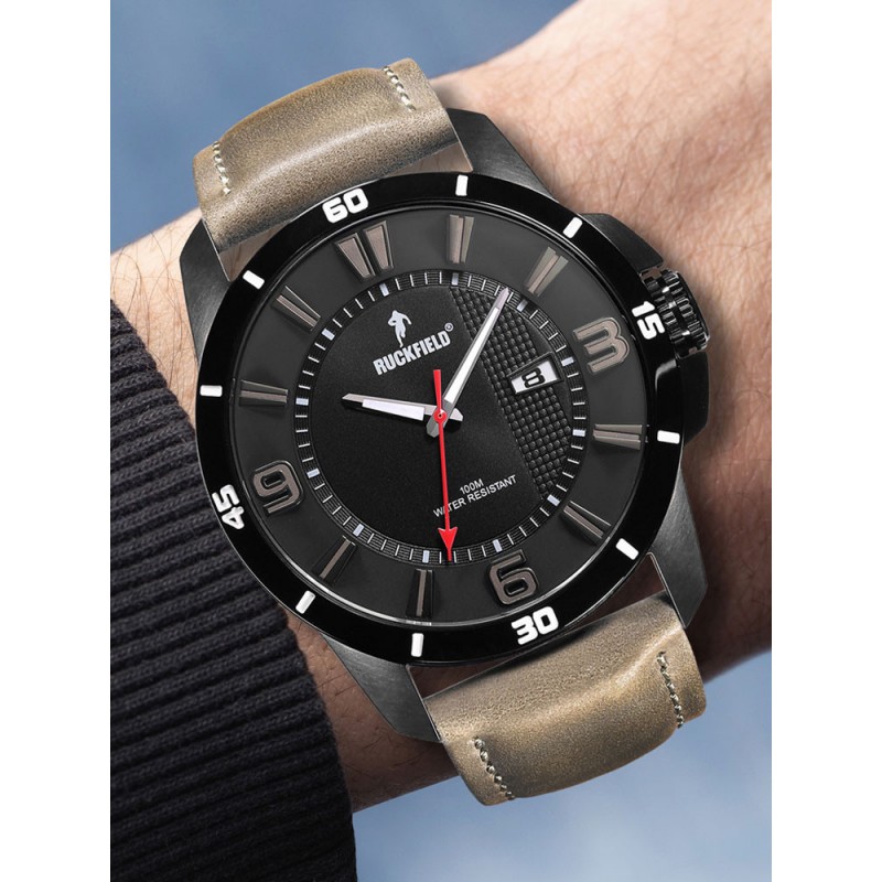 Montre Homme Ruckfield acier noir et cuir beige