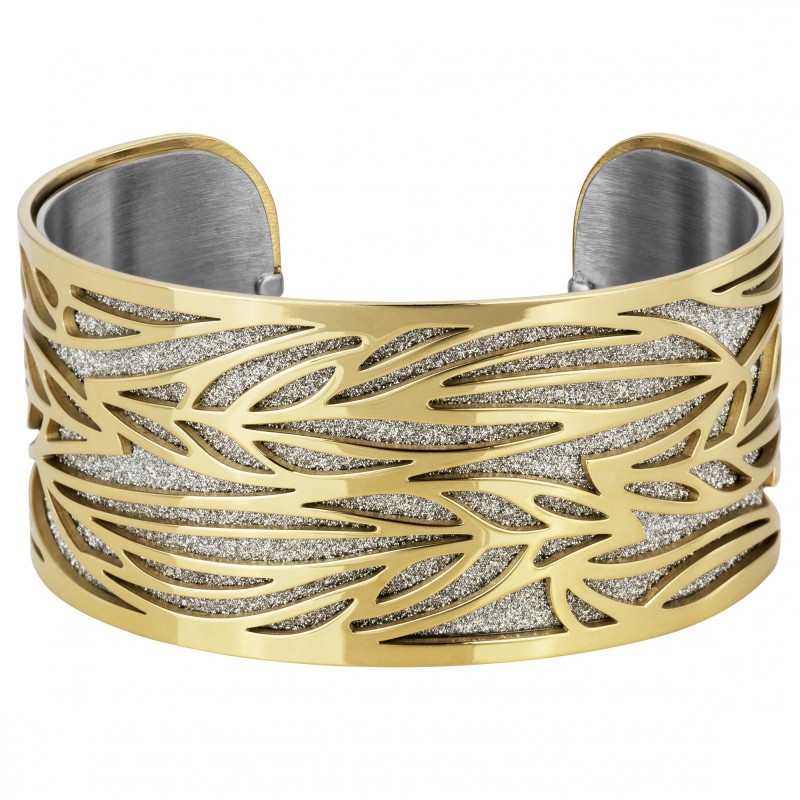 Bracelet Manchette Amporelle  en Acier doré motif floral glitter blanc