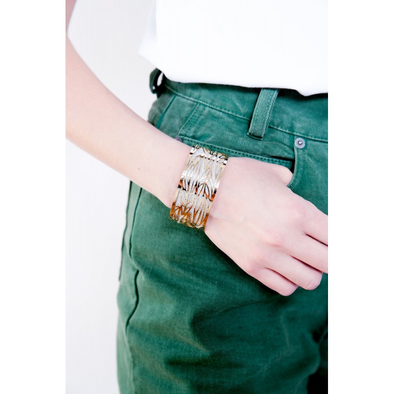 Bracelet  Manchette Amporelle en Acier doré rose motif floral glitter
