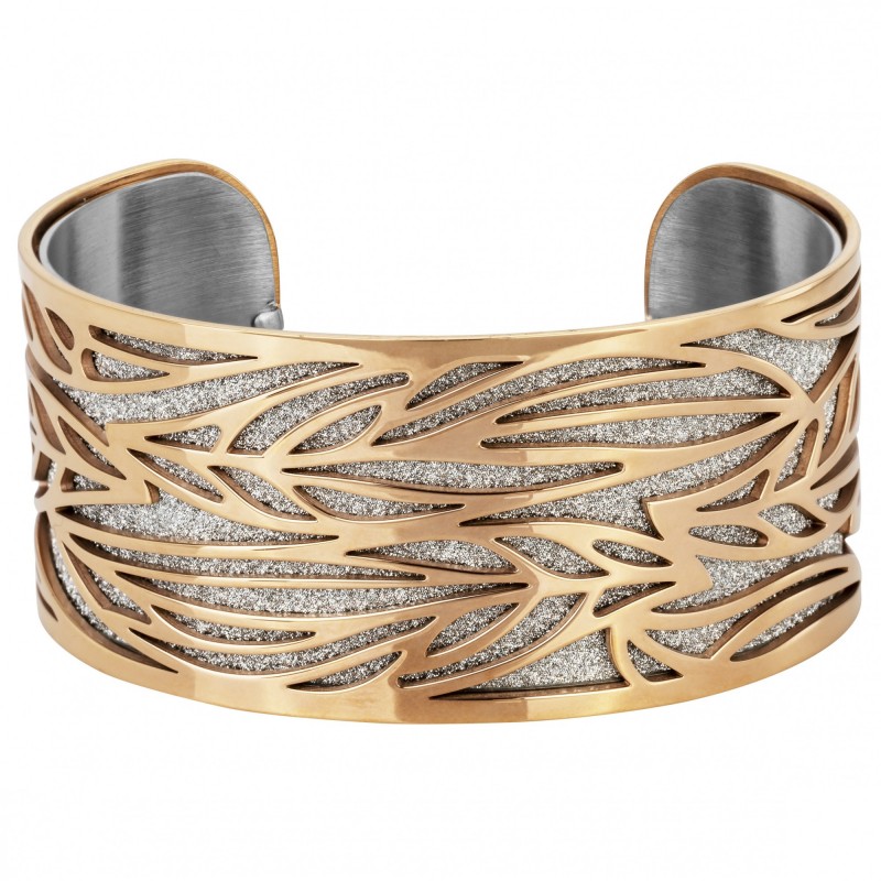 Bracelet  Manchette Amporelle en Acier doré rose motif floral glitter