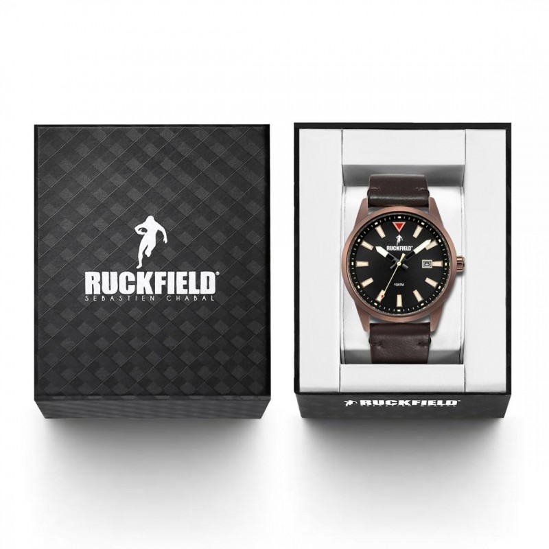 Montre Homme Ruckfield acier et cuir marron foncé