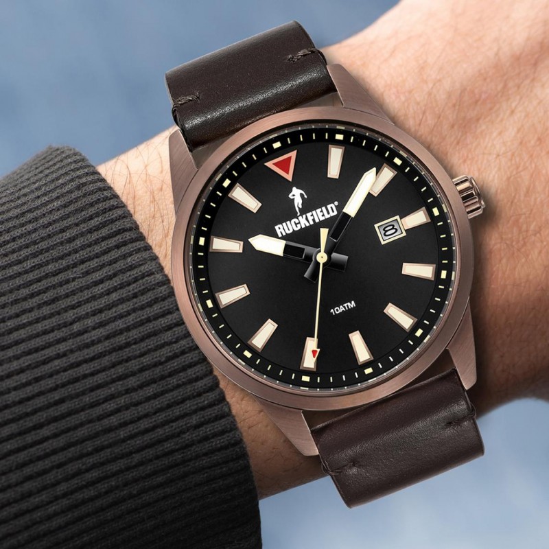 Montre Homme Ruckfield acier et cuir marron foncé