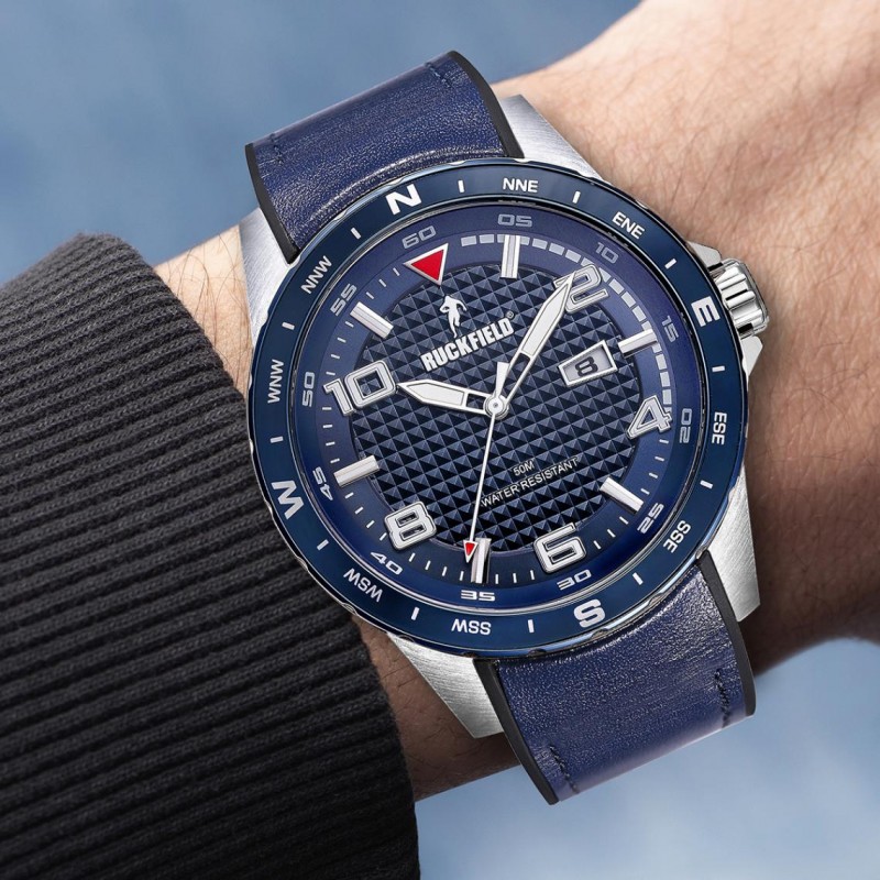 Montre Homme Ruckfield acier gris argent et cuir bleu