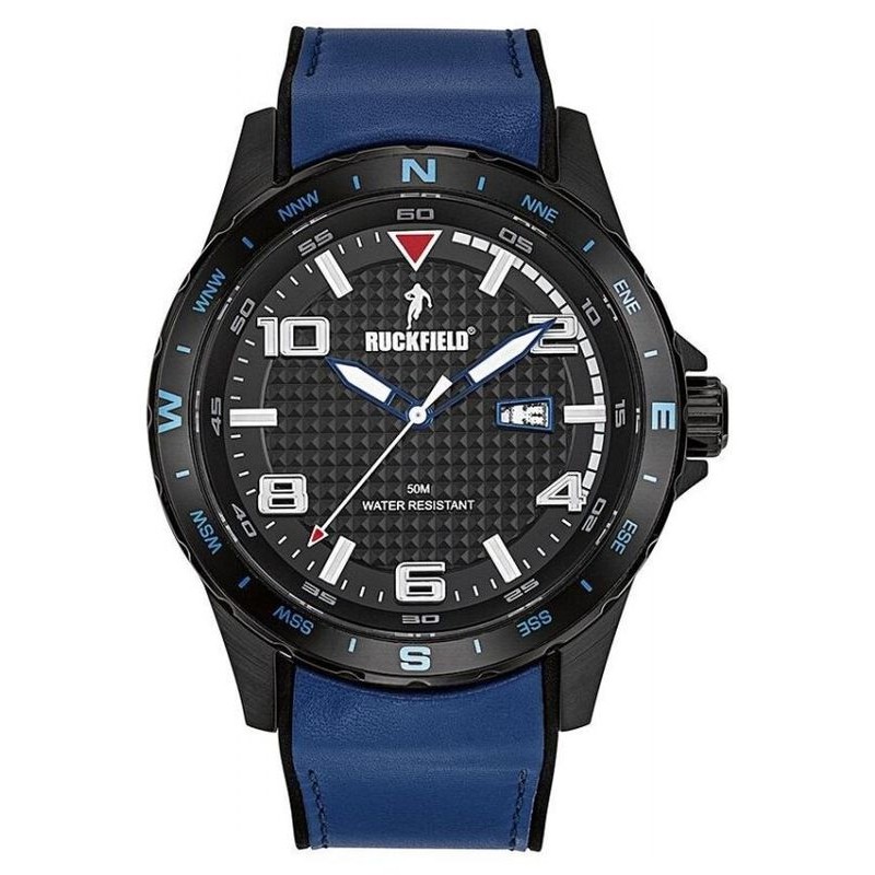 Montre Homme Ruckfield acier noir et cuir bleu