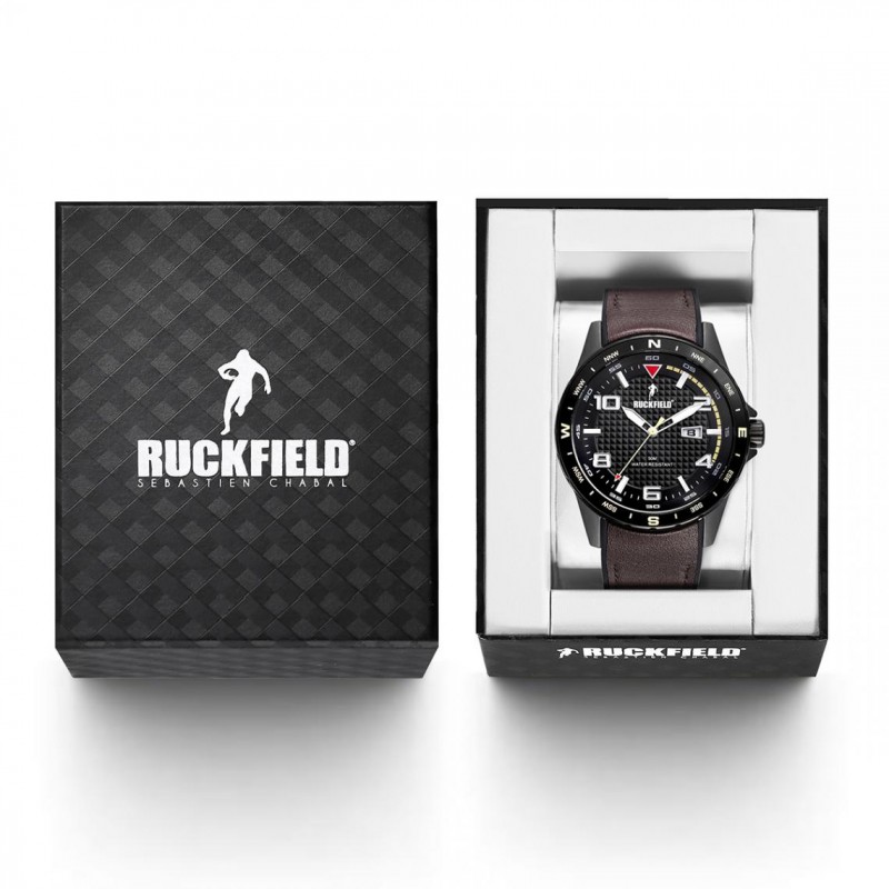 Montre Homme Ruckfield acier noir et cuir marron foncé