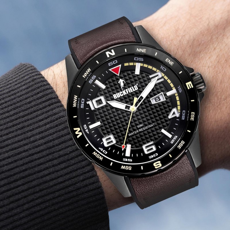Montre Homme Ruckfield acier noir et cuir marron foncé