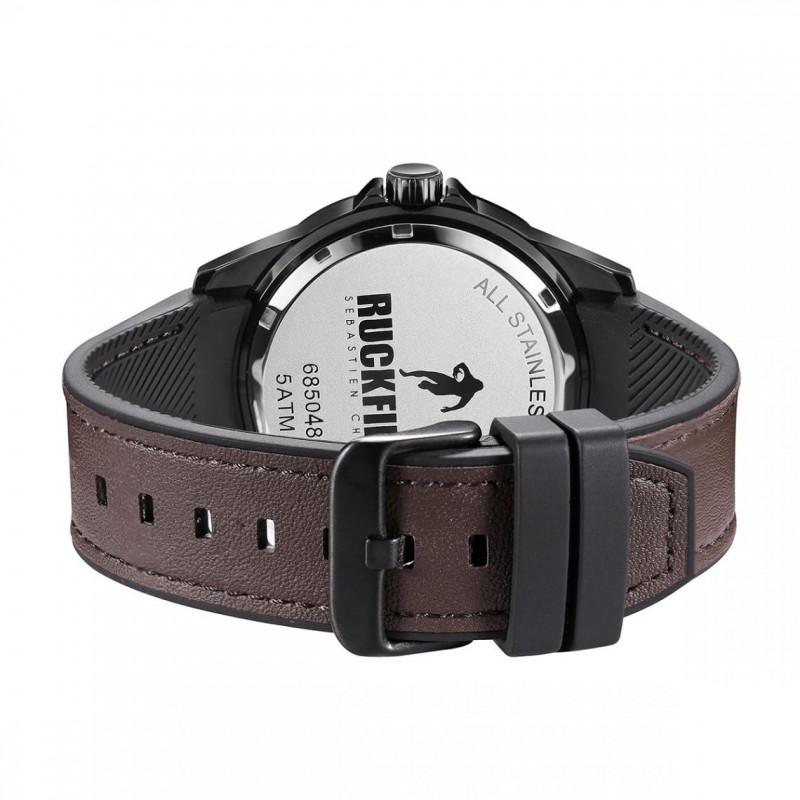 Montre Homme Ruckfield acier noir et cuir marron foncé