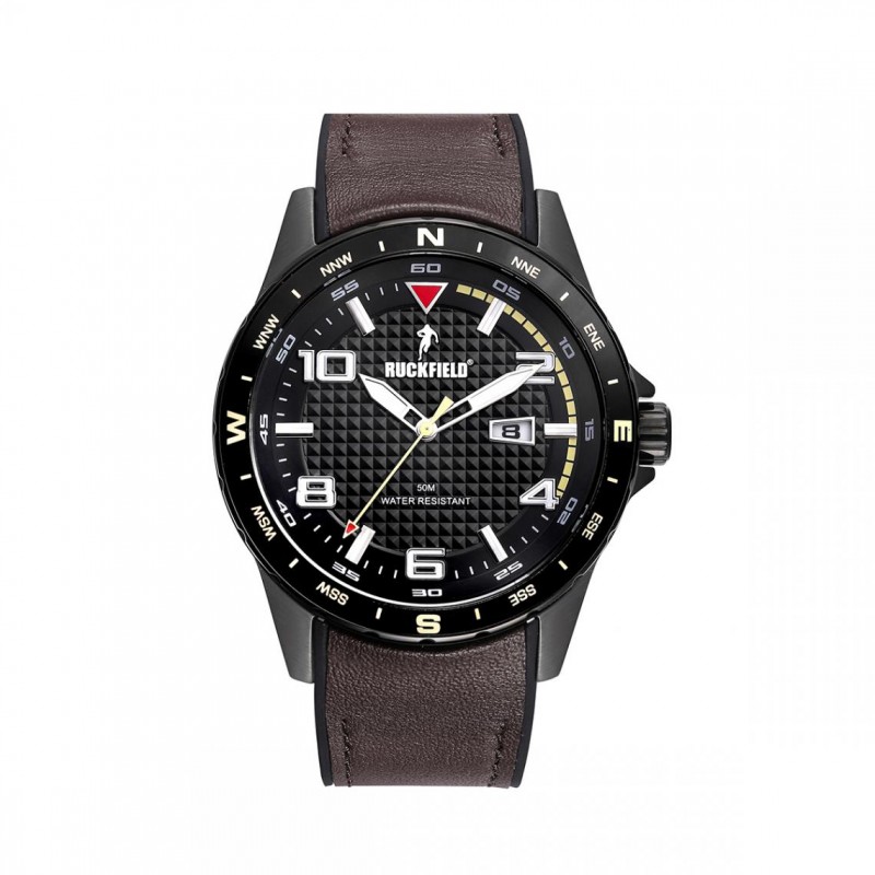 Montre Homme Ruckfield acier noir et cuir marron foncé
