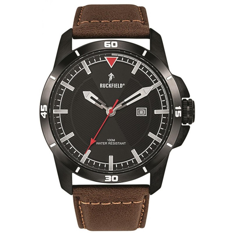 Montre Homme Ruckfield acier noir et cuir marron foncé