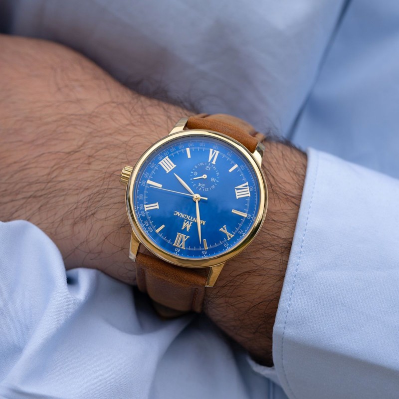 Montre Montignac cuir marron cadran bleu