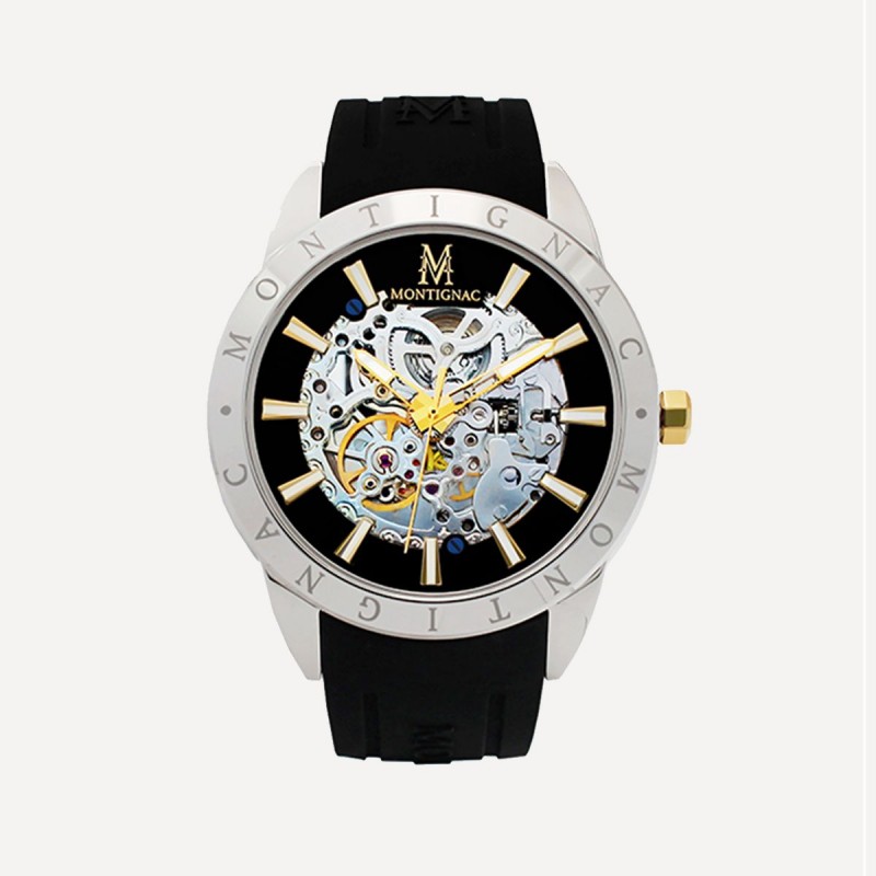 Montre Homme Montignac Noir et gris argent Bracelet en Silicone Noir