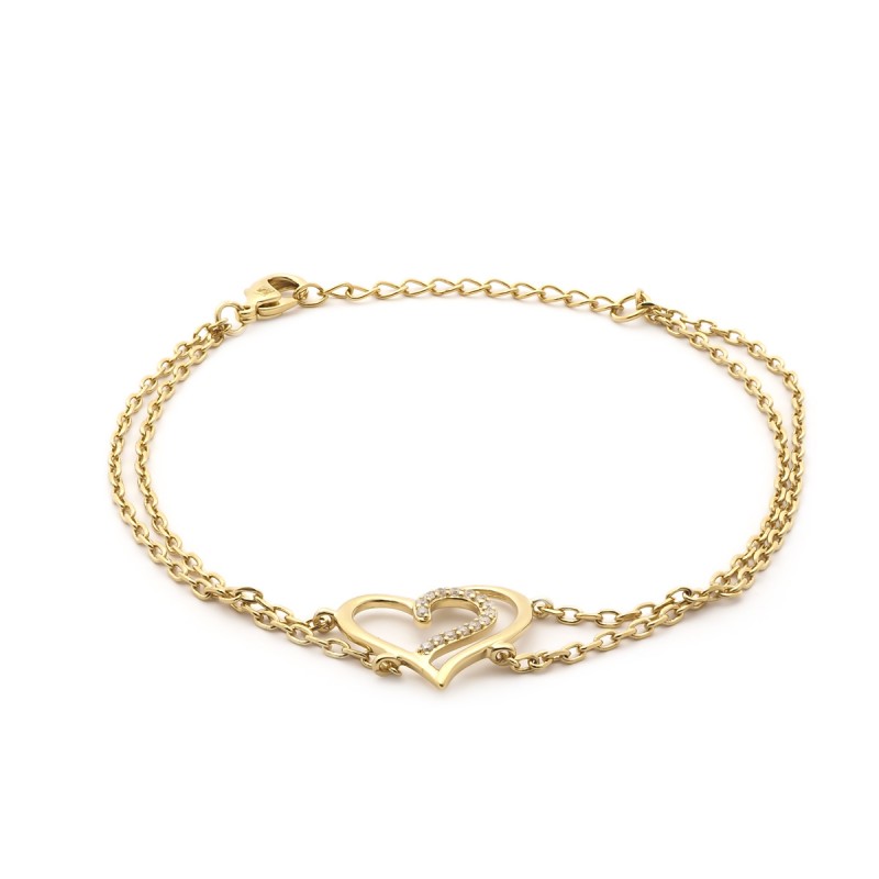 Bracelet double chaine plaqué or motif coeur carador